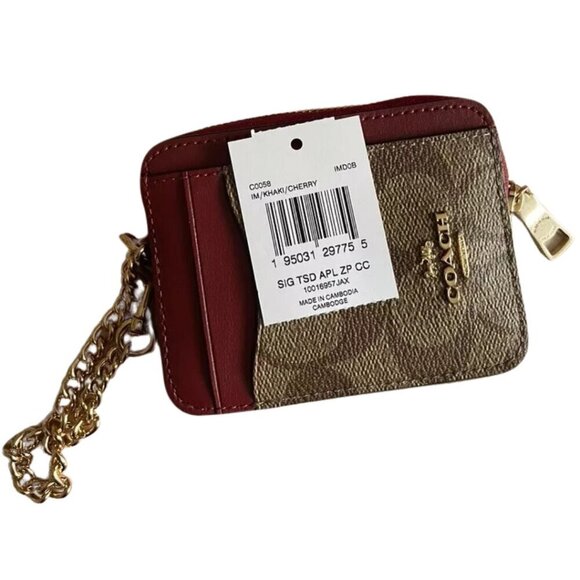 COACH Leather Zip Card Case Signature Khaki Cherry Detachable Chain NWT - Picture 6 of 11